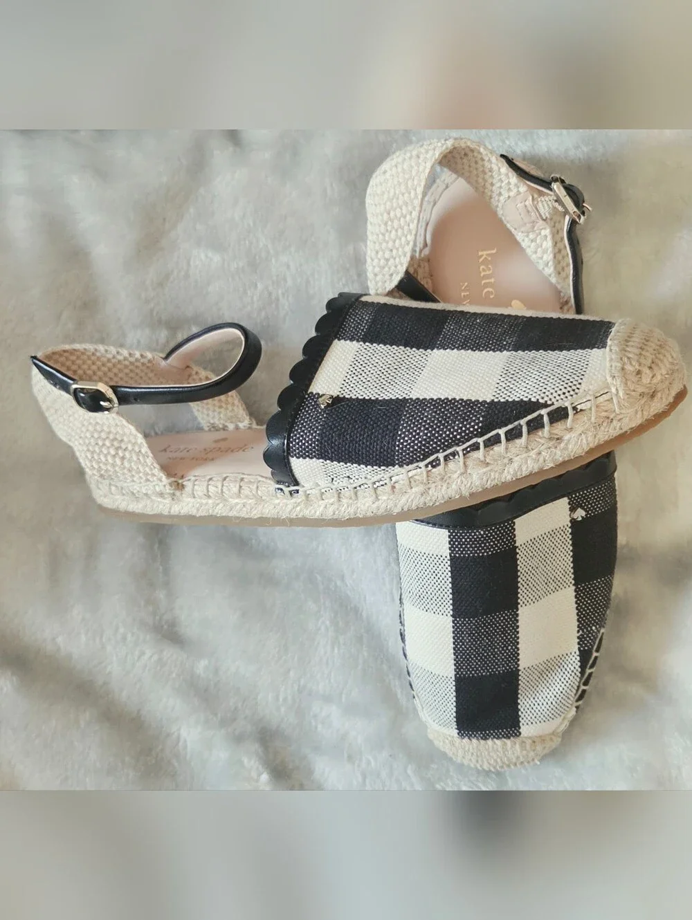 kate spade Black & White Gingham Scallop Espadrille Wedges